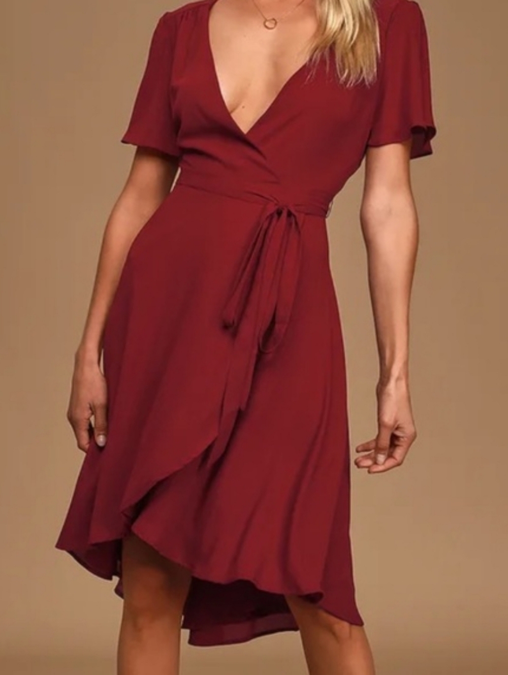 Lulu's Rise to the Occasion Burgundy Midi Wrap Dress Chiffon Flutter Cap Sleeve